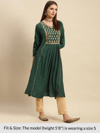 Rangita Green Viscose Blend Calf Length Embroidered Flared Kurti For Women | Kurta For Women