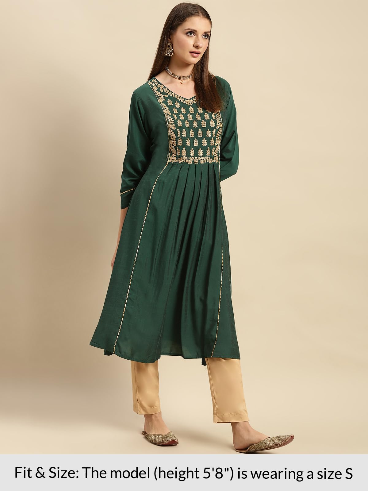 Rangita Green Viscose Blend Calf Length Embroidered Flared Kurti For Women | Kurta For Women