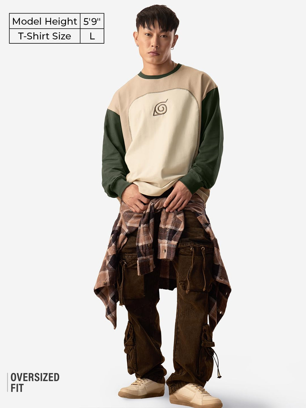 The Souled Store Naruto Shippuden: Konoha Leaf Men and Boys Round Neck Beige Colour Block Cotton Oversized Full Sleeve T-Shirts
