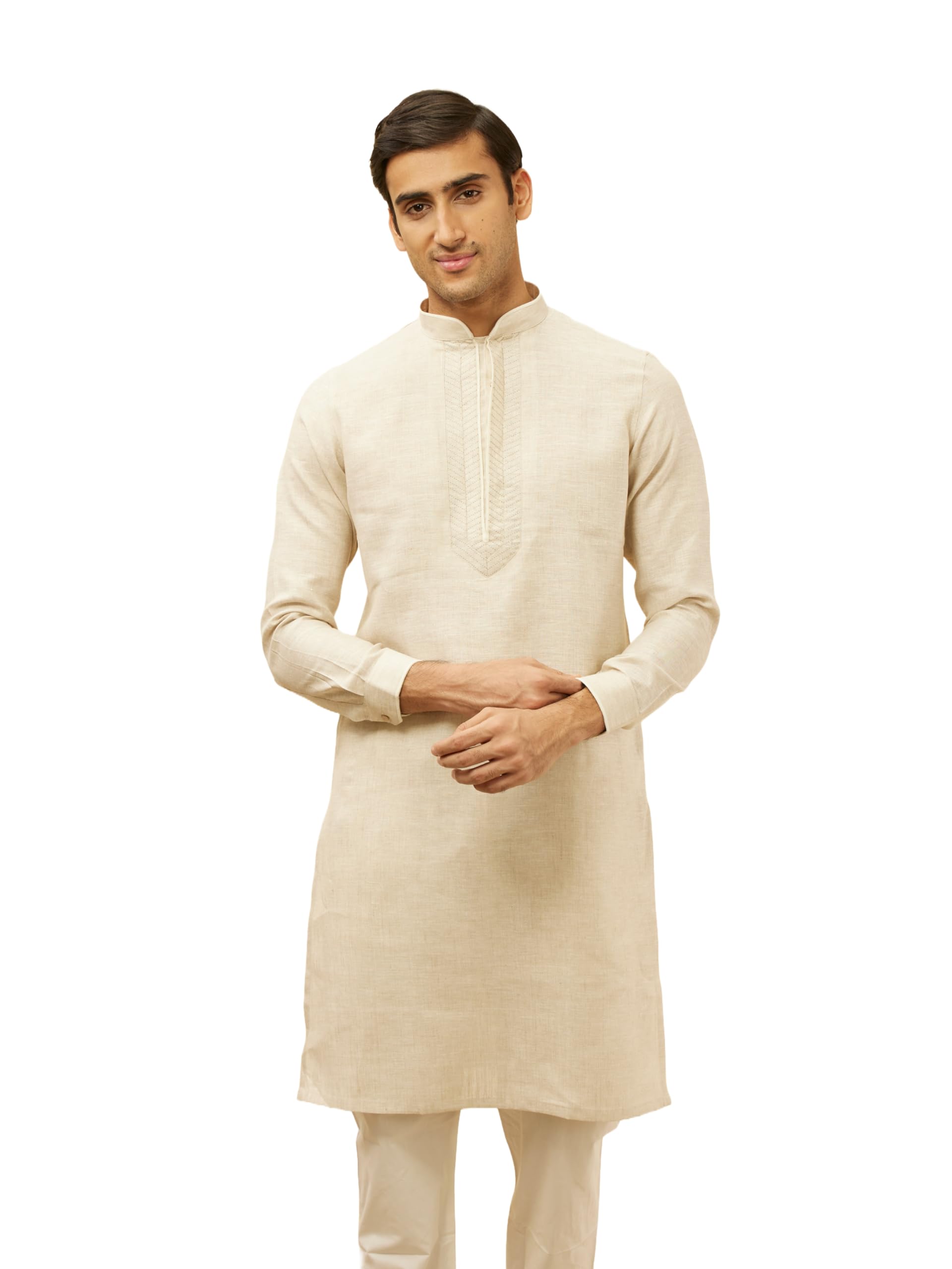 Manyavar Mens Natural Beige Embroidered Neckline Kurta (XXL)