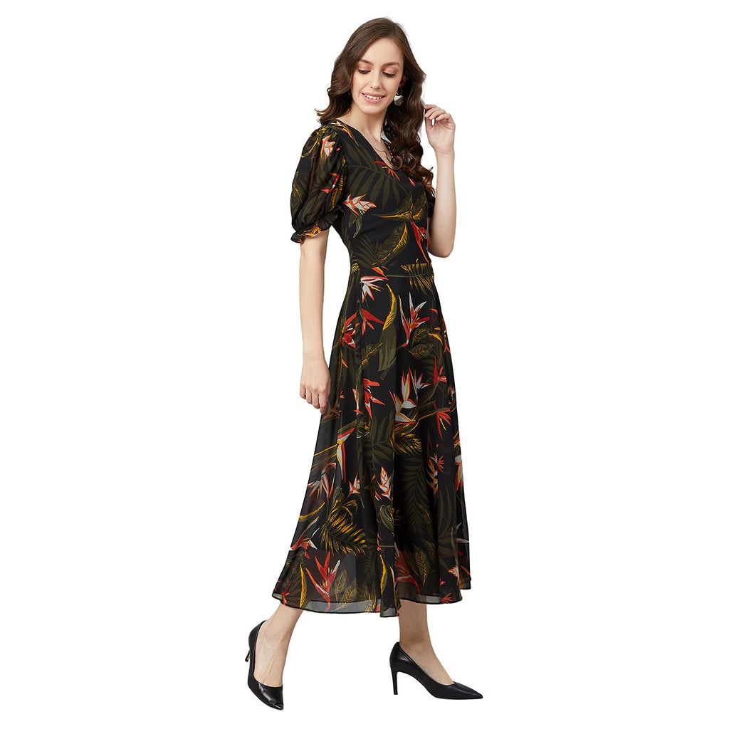 Rare Women'S Georgette Fit And Flare Midi Casual Dress (Ep6504_Black)
