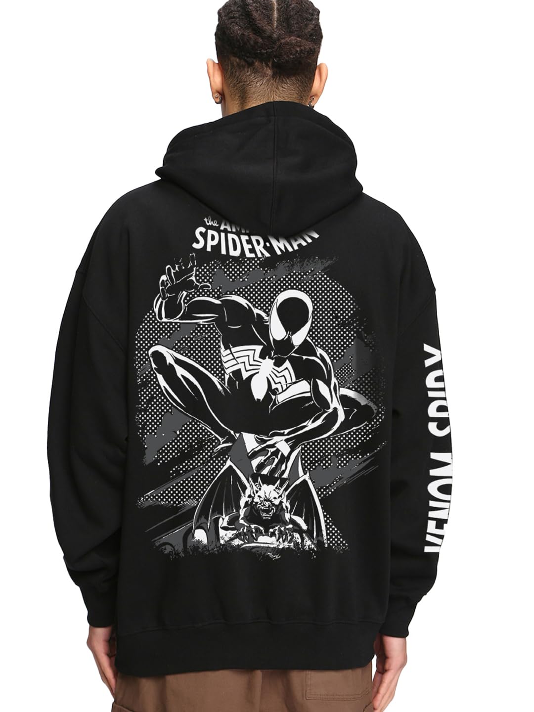 Bewakoof Official Marvel Merchandise Mens Graphic Printed Oversized Fit Full Sleeve Hooded Fleece Sweatshirt_660981_Black_XL