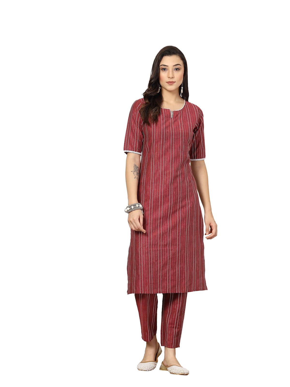 Stylum WomenS Self Woven Striped Cotton Blend Straight Kurta Pant Set