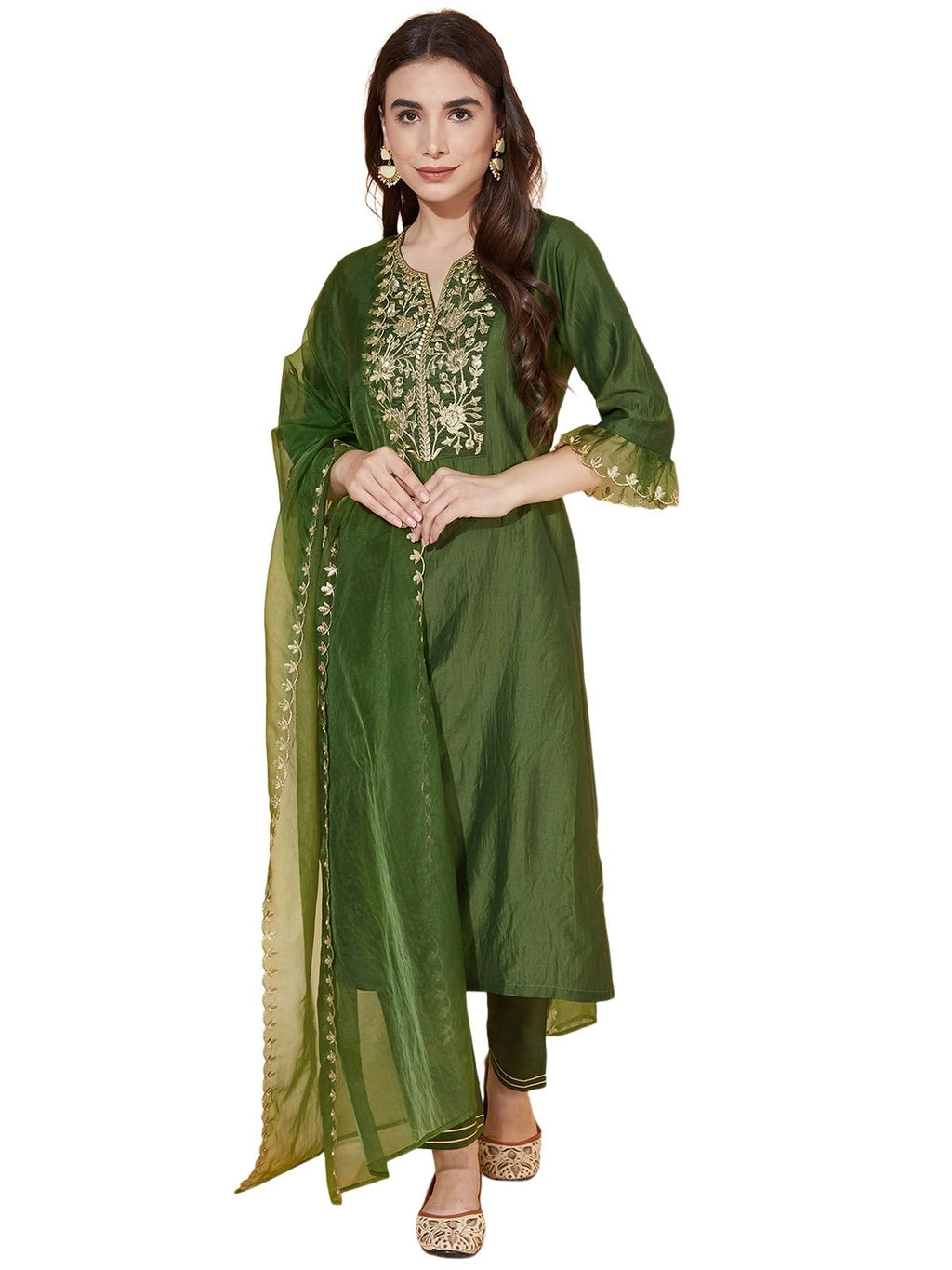 Sanisa Womens Chinnon Silk & Organza Sequence and Embroidery Work Straight Kurta with Pant and Dupatta Set (38KBD474NB-3XL_Gree