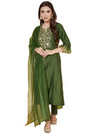 Sanisa Womens Chinnon Silk & Organza Sequence and Embroidery Work Straight Kurta with Pant and Dupatta Set (38KBD474NB-3XL_Gree