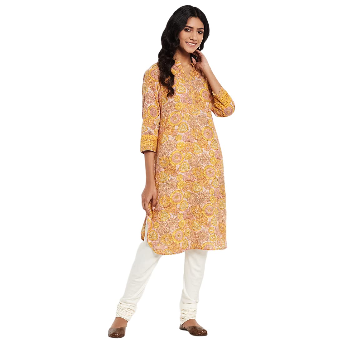 Fabindia Women Printed Knee Length Kurta Cotton_M Yellow