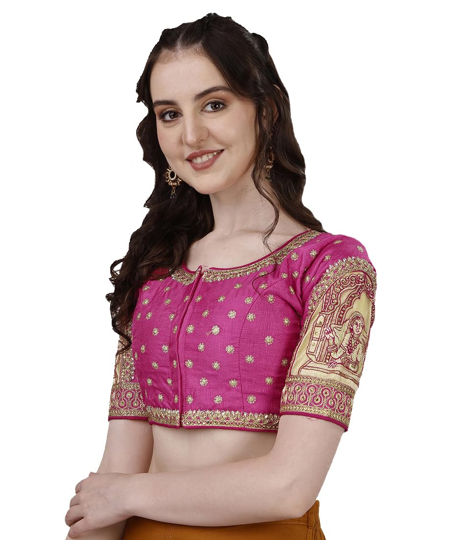 Vihu Fashion Womens Heavy Embroidery Coding with Sequins and Diamond Work Half Sleeves Fancy Cutwork Readymade Saree Blouse.(Pa