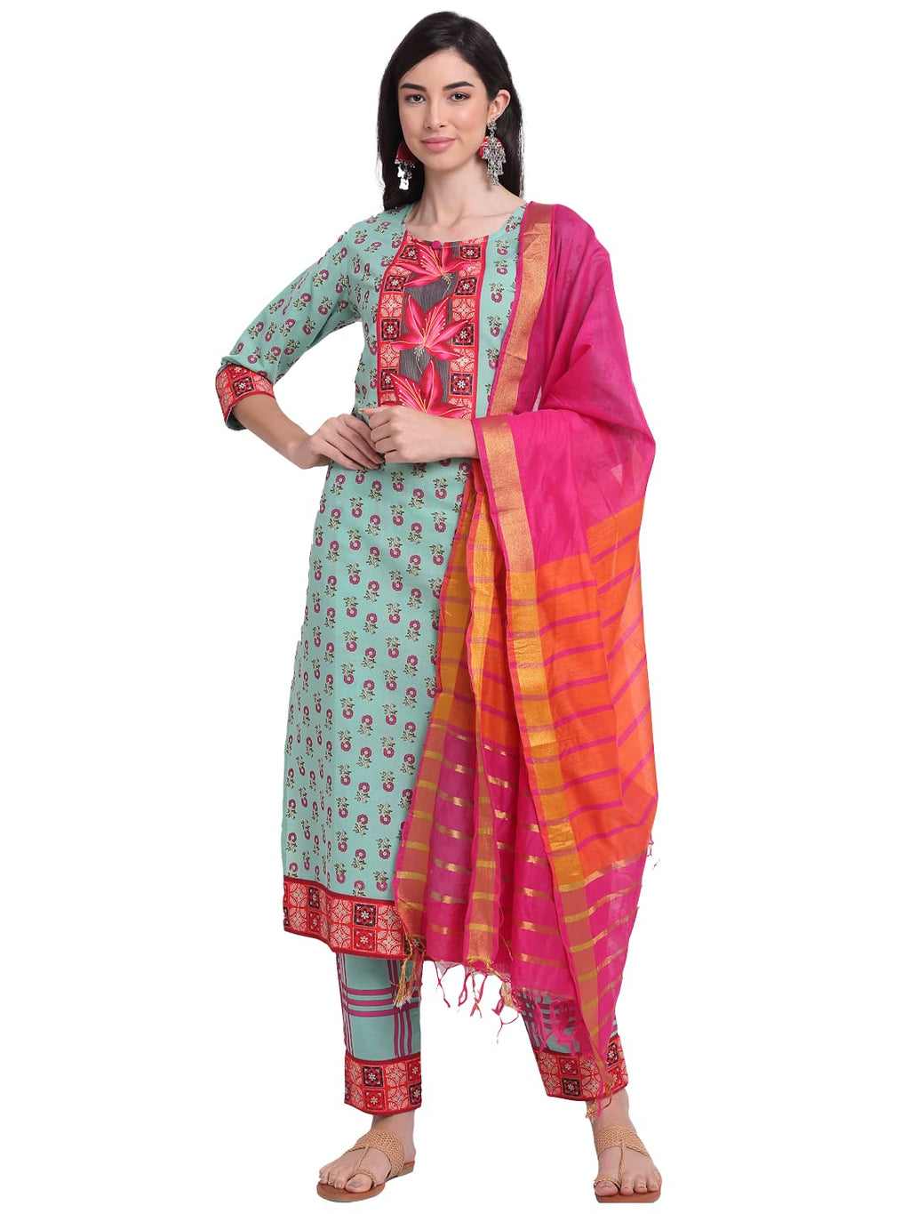 ANNI DESIGNER Women's Cotton Straight Kurta with Pant & Dupatta (DONA SEA Green_XL_Sea Green_X-Large)