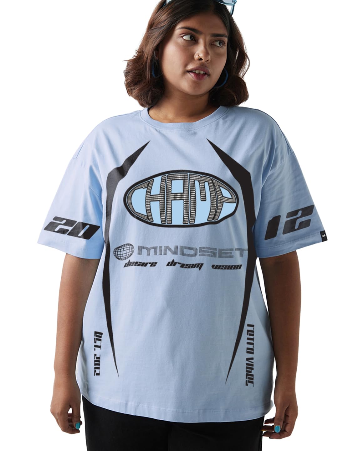 Bewakoof Women Graphic Print Oversized Fit Half Sleeve Round Neck Cotton Jersey Plus Size Tshirt_654537_Blue_5XL