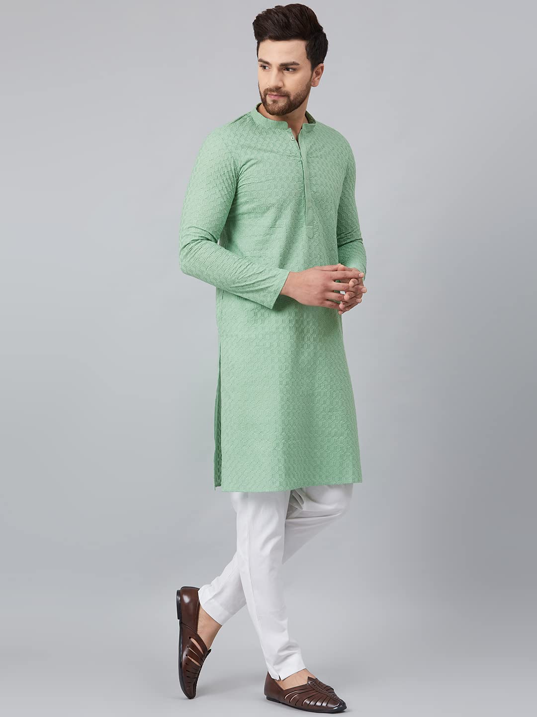 See Designs Green Chikankari Embroidered Straight Kurta Long Sleeves_Sdkt906Xl