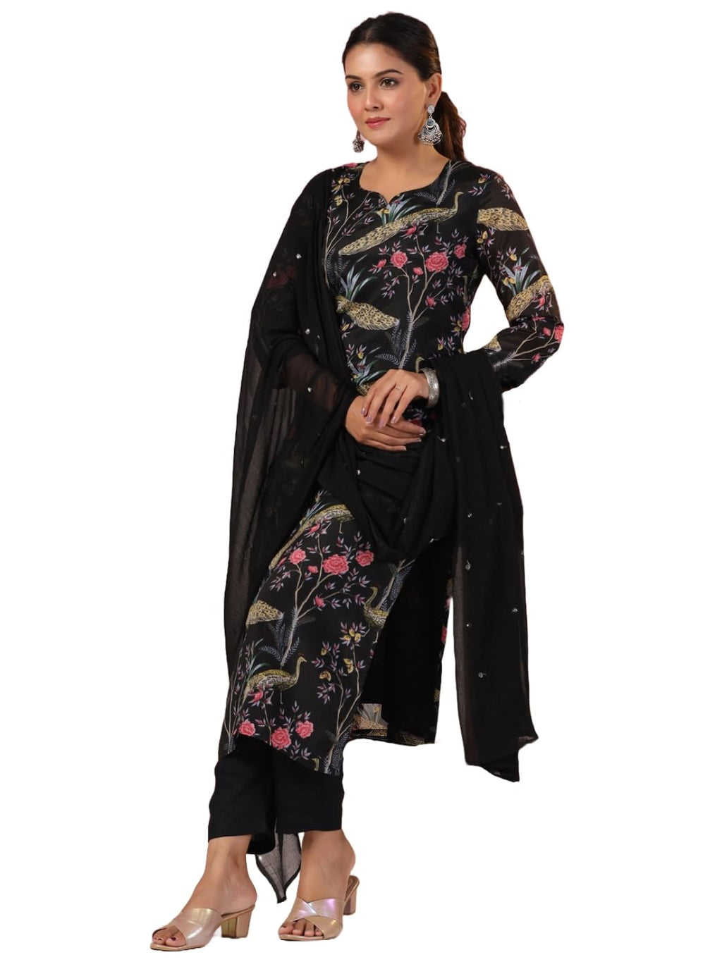 ANNI DESIGNER Womens Rayon Blend Printed Straight Kurta with Pant & Dupatta (Geto Black-NW_XL_Black_X-Large)