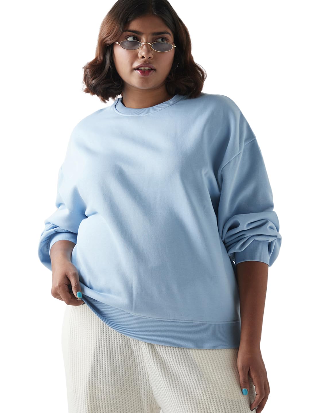 Bewakoof Womens Solid Oversized Fit Full Sleeve Round Neck Fleece Blend Plus Size Sweatshirt_641025_Blue_4XL