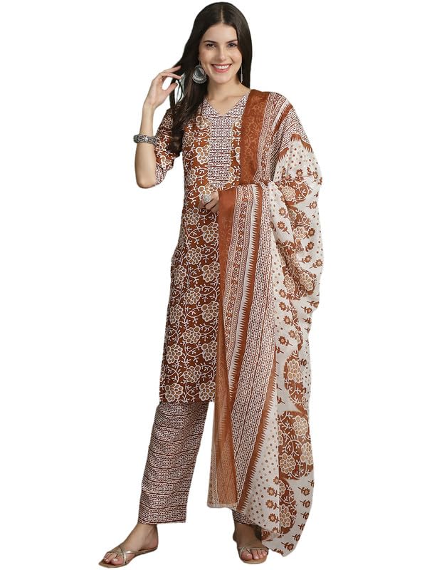 Pinkmint Fancy Kurta Set For Women Cotton Printed Straight Knee Length Formal Suit Set (Pack Of 1) Dark Coffee
