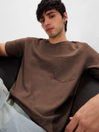 The Souled Store Solids: Cinnamon Brown Men and Boys Short Sleeves Round Neck Regular Fit Cotton T-Shirts
