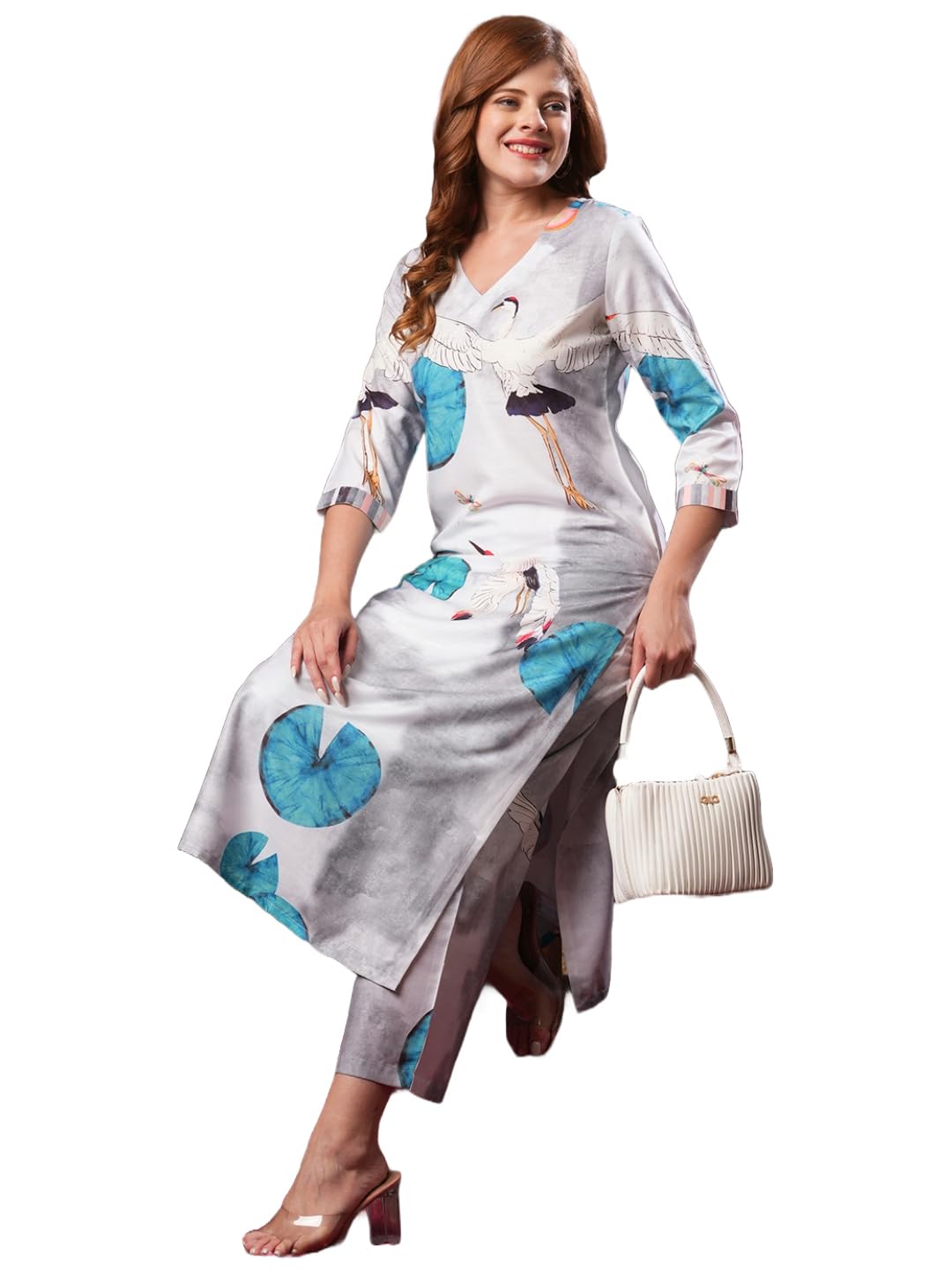 ANNI DESIGNER Womens Cotton Blend Straight Printed Kurta with Palazzo (Swans Grey_XL_Grey_X-Large)