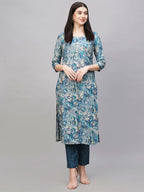 ANNI DESIGNER Ladies Cotton Blend Kurta & Trousers, Light Brown::Blue, L