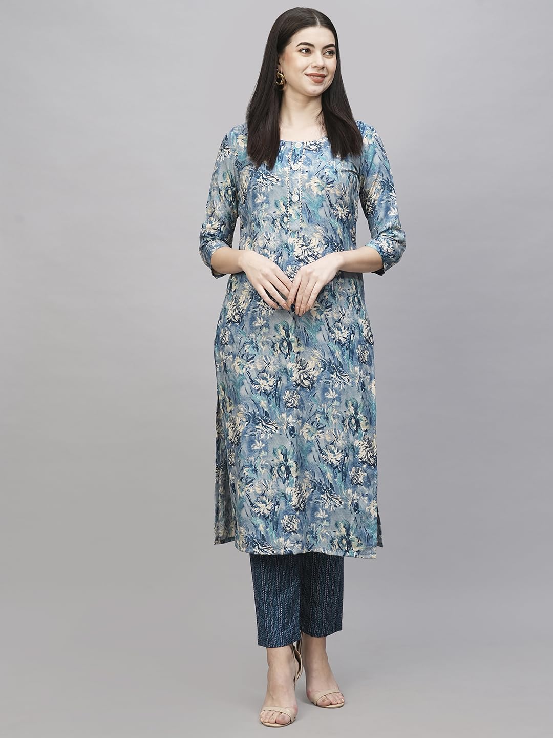 ANNI DESIGNER Ladies Cotton Blend Kurta & Trousers, Light Brown::Blue, L