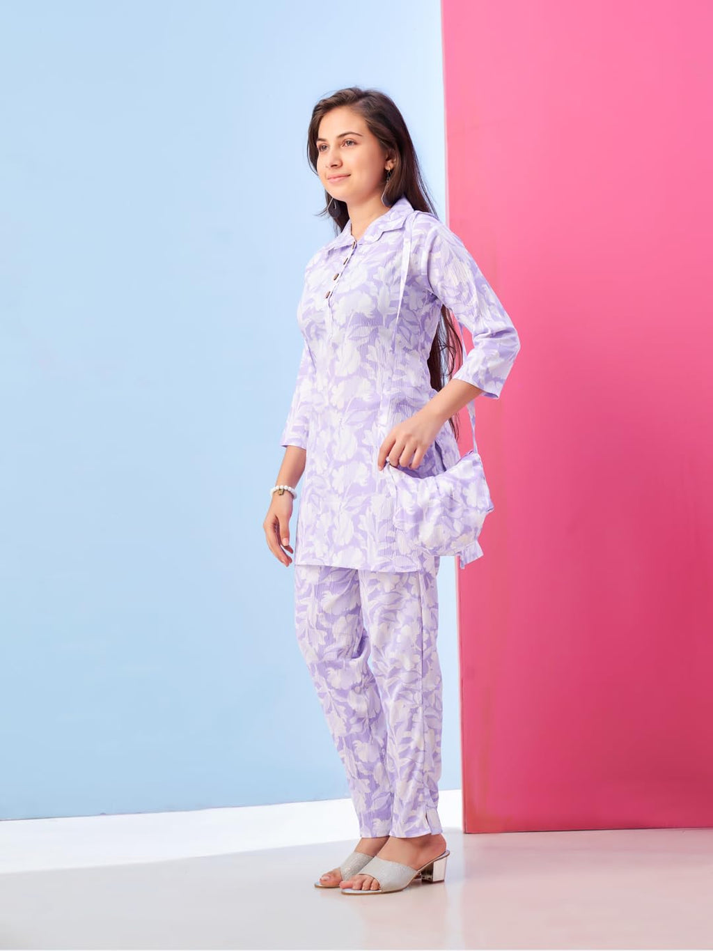 Aarika Girls Casual Wear Light Purple Colour Floral Print Polyester Co-ord Set-8-15 Years (KP-TR-K-951)