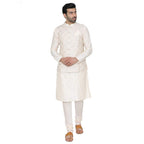 Manyavar Mens Silk Kurta Pyjama with Waist Coat (JAST072_Off-White_Medium)