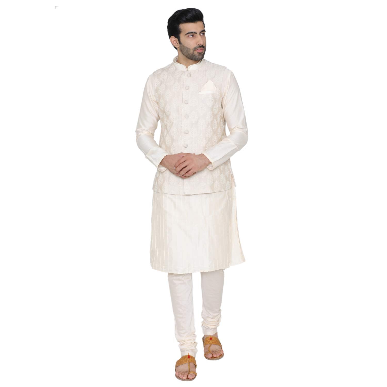 Manyavar Mens Silk Kurta Pyjama with Waist Coat (JAST072_Off-White_Medium)