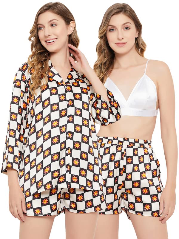 Clovia Womens Satin Emoji Print 3 Piece Nightwear Set (LS0666A18_White_XL)