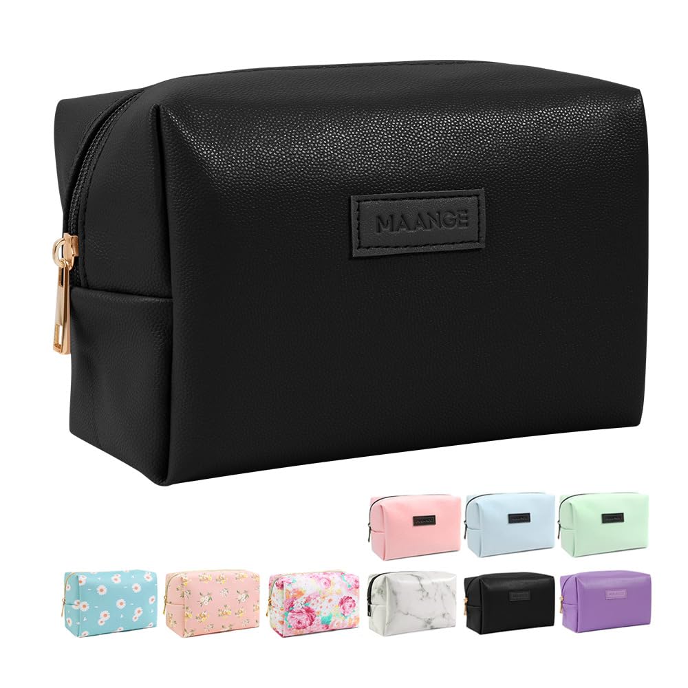 MAANGE Small Makeup Bag For Purse, Travel Cosmetic Bag Makeup Pouch PU Leather Portable Versatile Zipper Pouch For Women (Black)