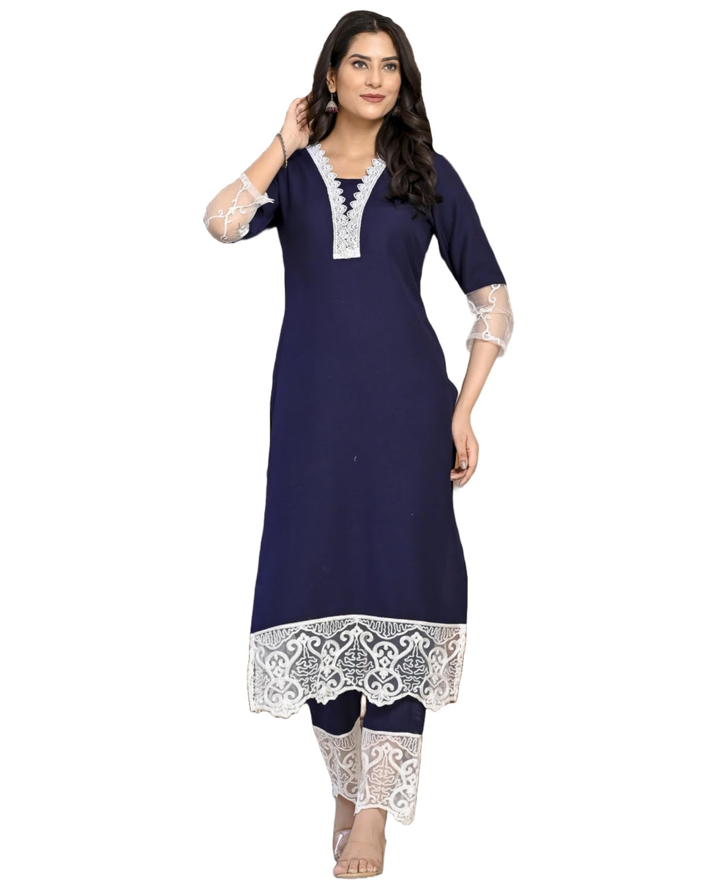 ANNI DESIGNER Womens Cotton Blend Straight Solid Kurta with Pant (Takada Navy Blue_S_Navy Blue_Small)