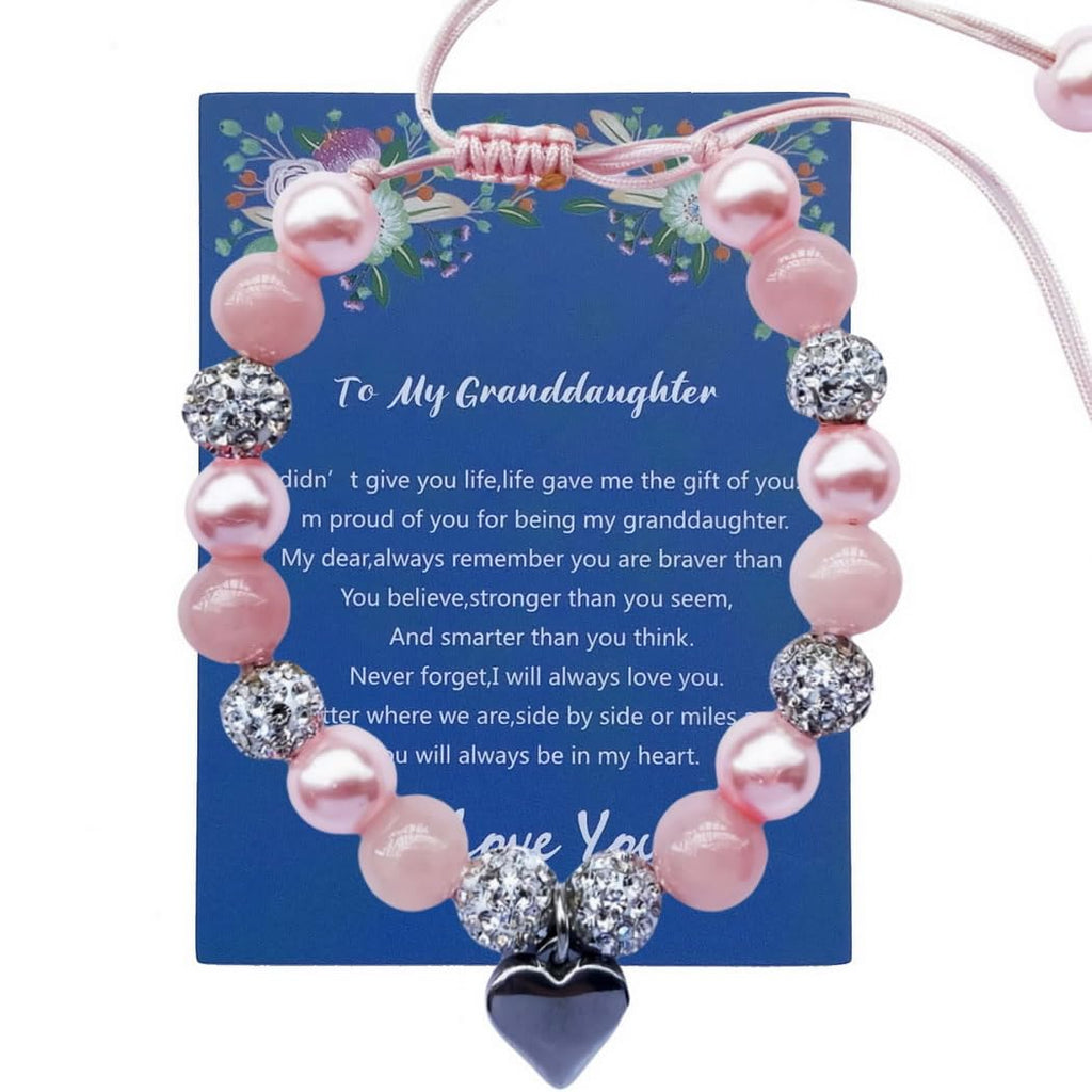 DOLON Pink Beaded Rhinestone Heart Charm Granddaugther Bracelet Adjustable Jewelry Back to School Birthday Christmas Holiday Gif