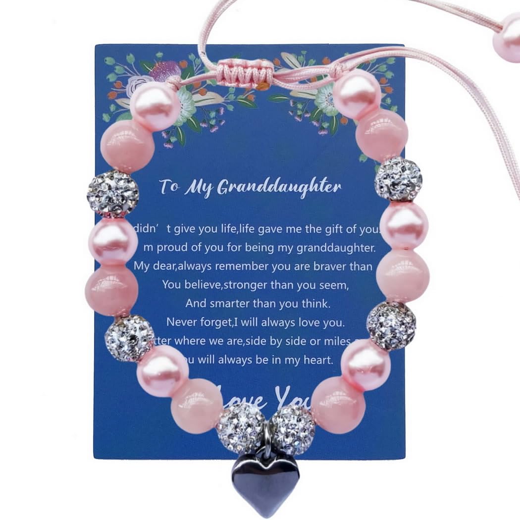 DOLON Pink Beaded Rhinestone Heart Charm Granddaugther Bracelet Adjustable Jewelry Back to School Birthday Christmas Holiday Gif