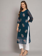 Ekasya WomenS Georgette Straight Cut Round Neck Kurta With Beautiful Floral Embroidery Work - Elegant Design, Comfortable Fit,