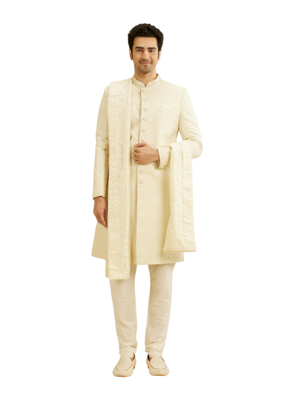 Manyavar MenS Art Silk Embroidery|Sequin Work Dupatta (Cream,2.75 M)