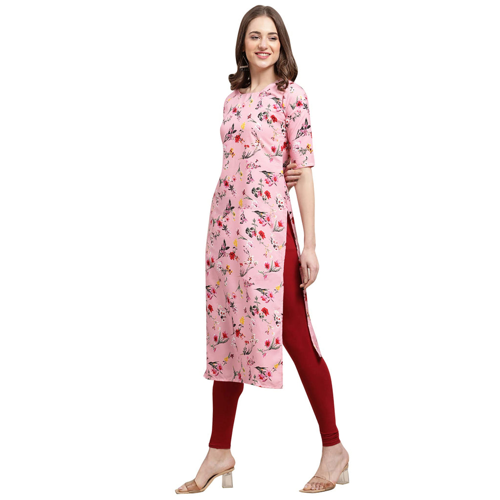 Pinkmint Womens Crepe Baby Pink Color Floral Printed Straight Kurti