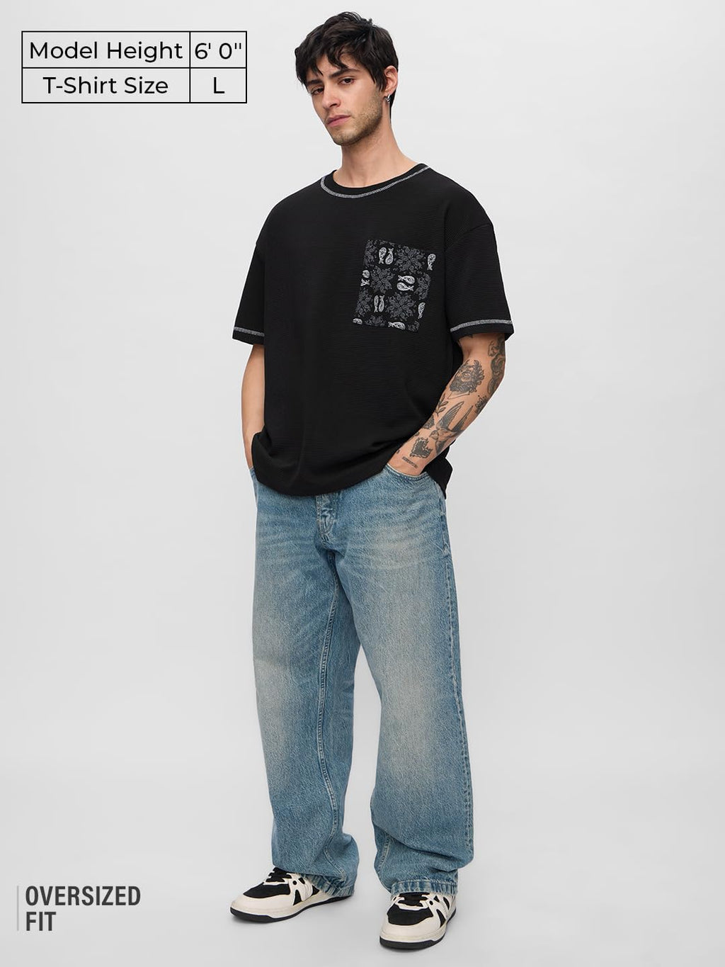 The Souled Store Ottoman T-shirt: Monochrome Men and Boys Short Sleeves Round Neck Black Embellished Cotton Oversized T-Shirts