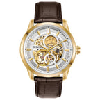 Bulova Men's Classic Sutton Automatic Skeleton Dial Brown Leather Strap Watch | 43mm | 97A138