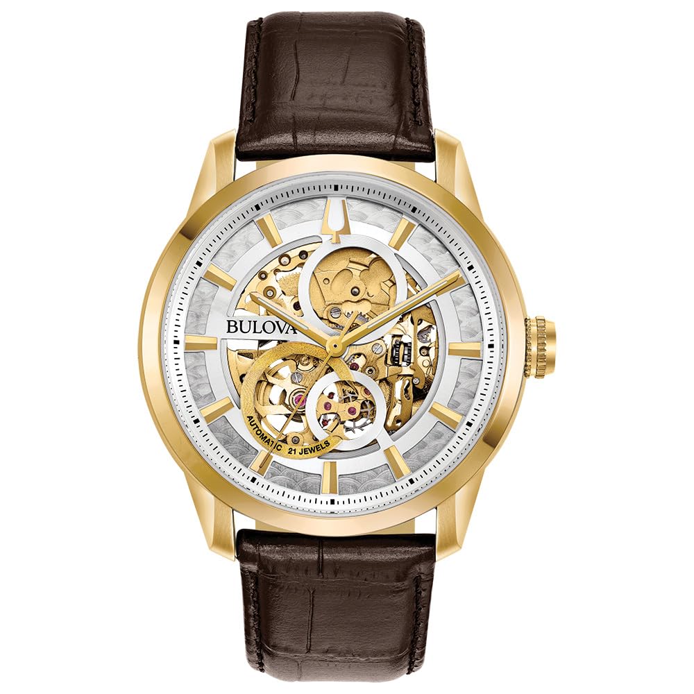 Bulova Men's Classic Sutton Automatic Skeleton Dial Brown Leather Strap Watch | 43mm | 97A138