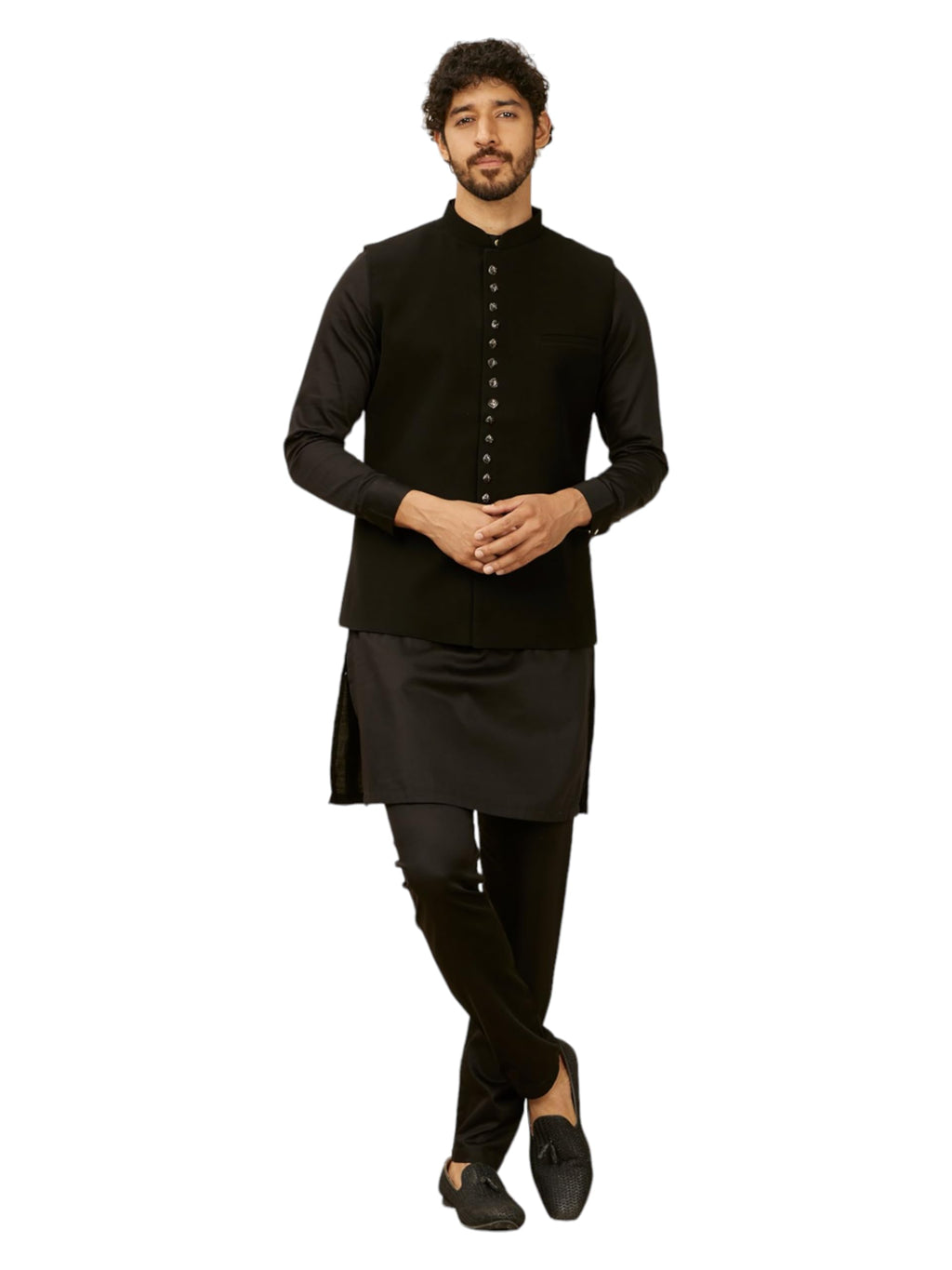 Manyavar Black Blended Rayon Solid Jackets For Men
