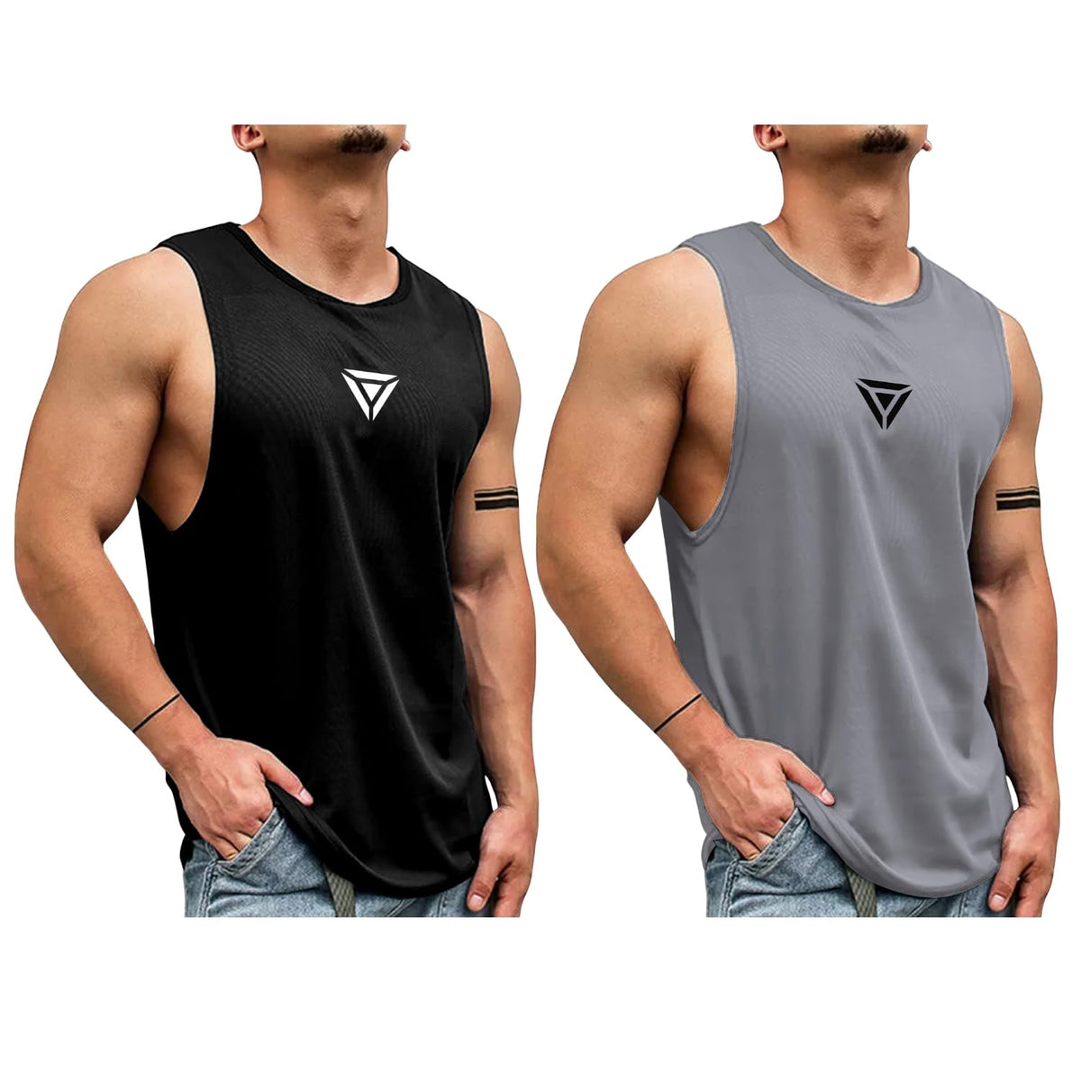 Jump Cuts Mens Triangle Printed Round Neck Sleeveless Black And Grey Vest Pack Of 2