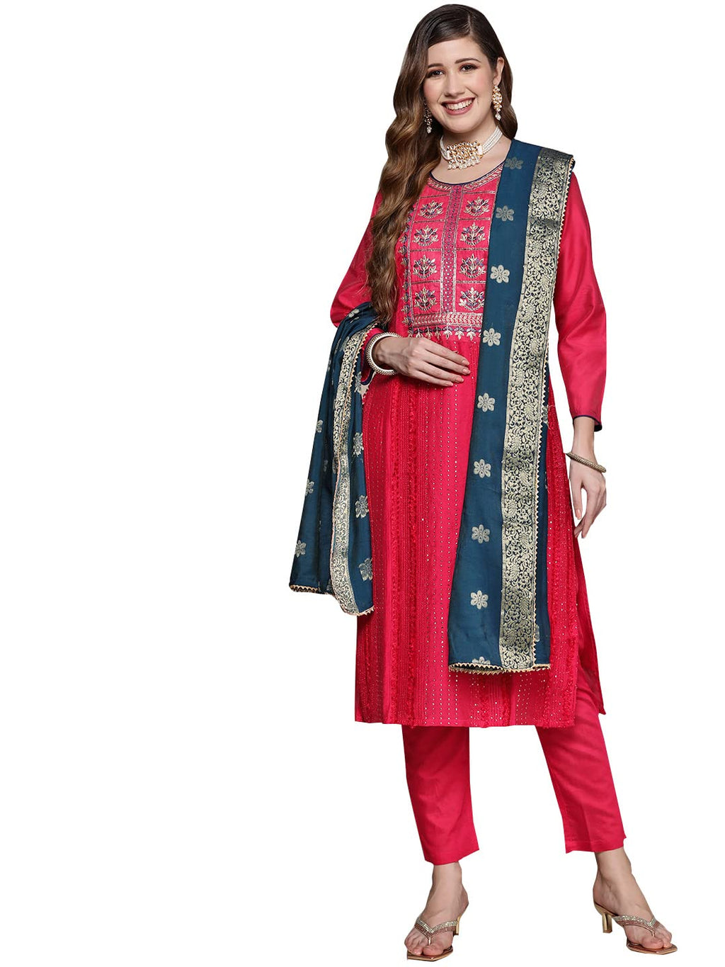 Ishin Women'S Pink Embroidered A-Line Kurta Set With Trouser And Dupatta