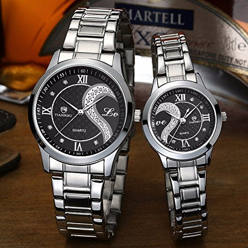 DREAMING Q&P Valentine's Romantic Stainless Steel His and Hers Wrist Watches,fq-102 Gifts Set for Lovers,Black Color 2 Pieces