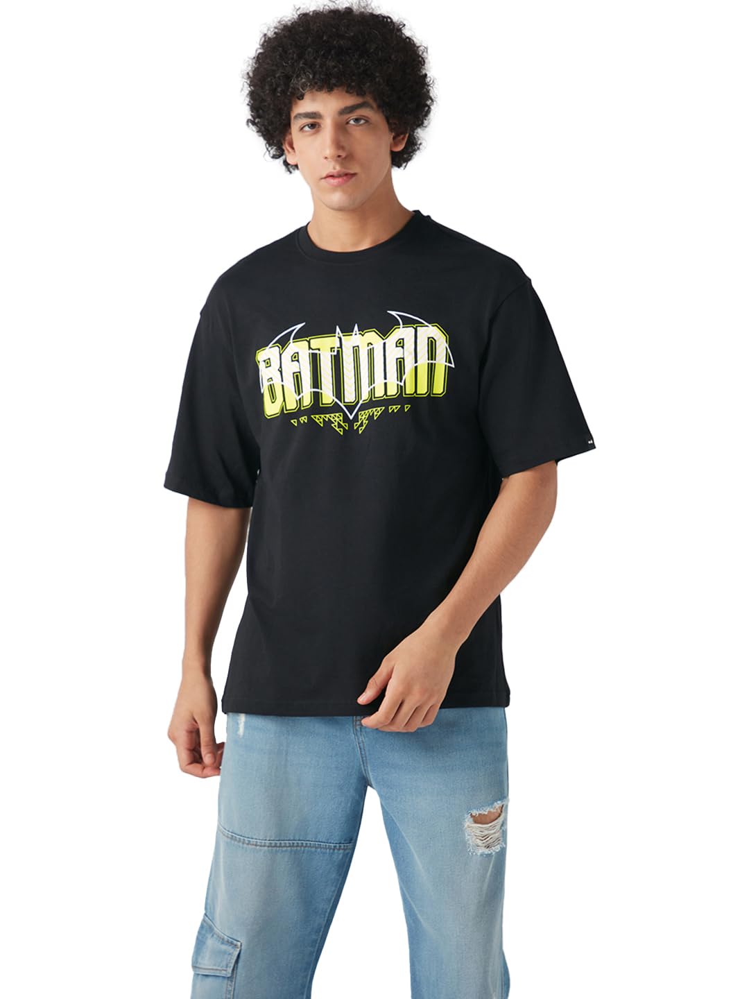 Bewakoof Official DC Merchandise Batman Mens Typography Oversized Fit Half Sleeve Round Neck Pure Cotton T-Shirt_645972_Black_S