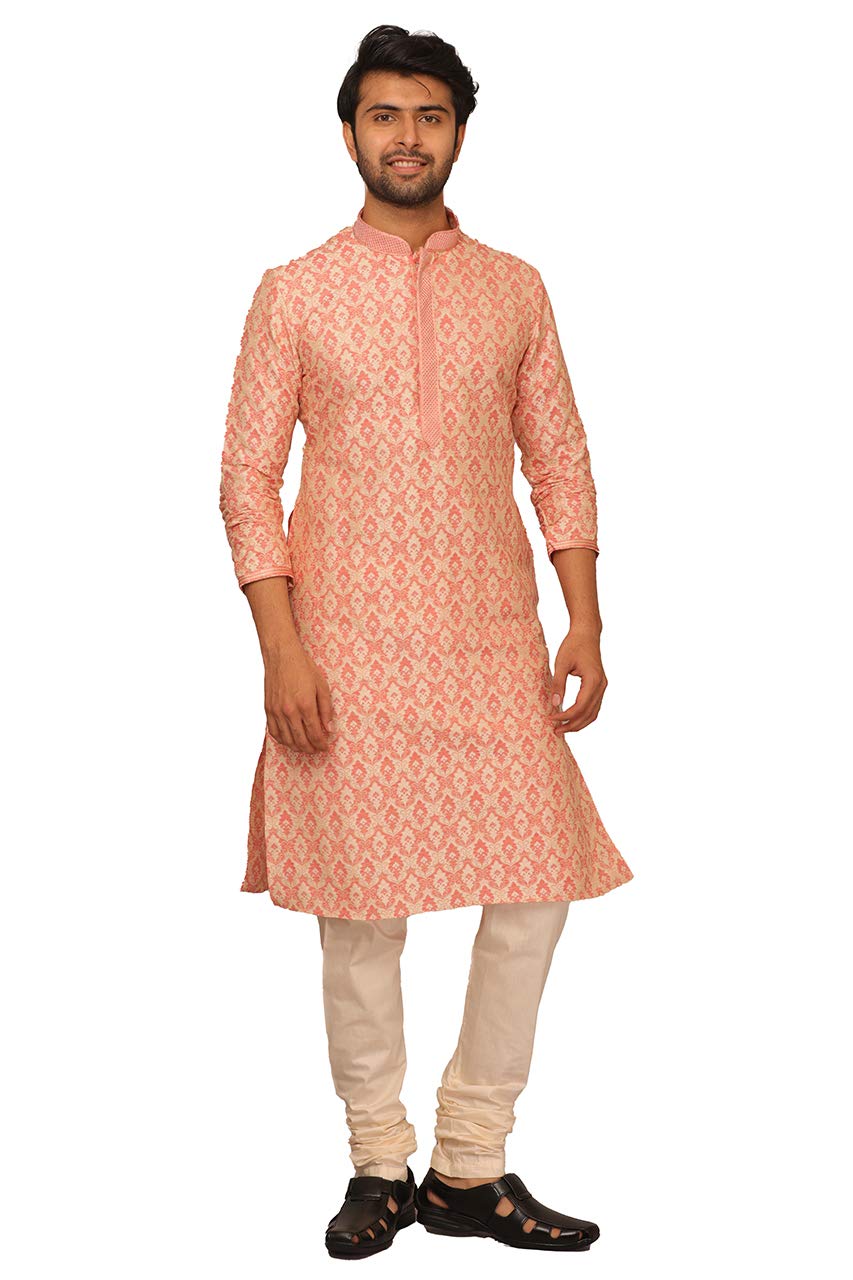 Manyavar Symmetrical Motif Orange Kurta Set For Mens(Small,Pink)