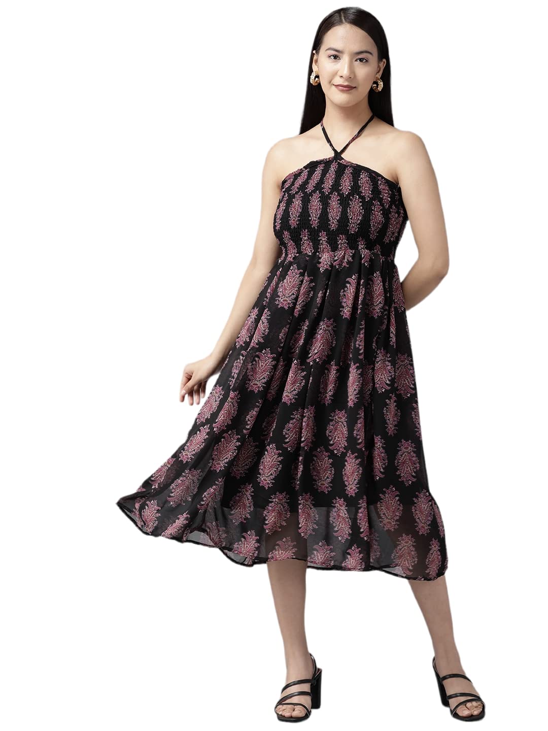 Aarika Womens Black Color Floral Printed Dress (DR-AW-009-BLACK-M)