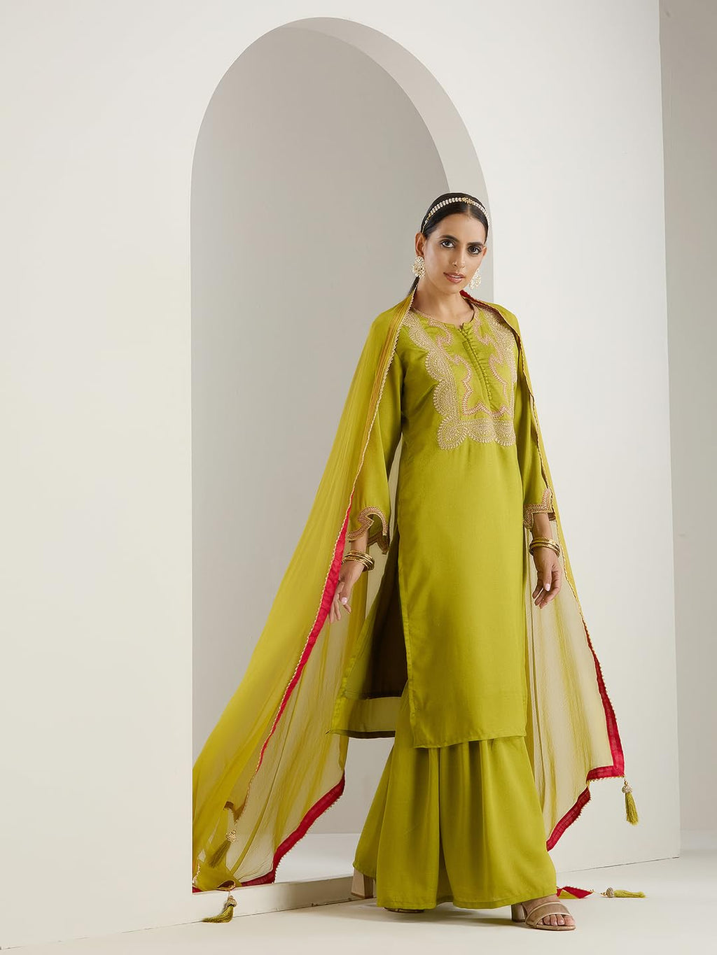 Ishin Gold Zari Detail Embroidered Straight Festive Kurta With Sharara And Dupata