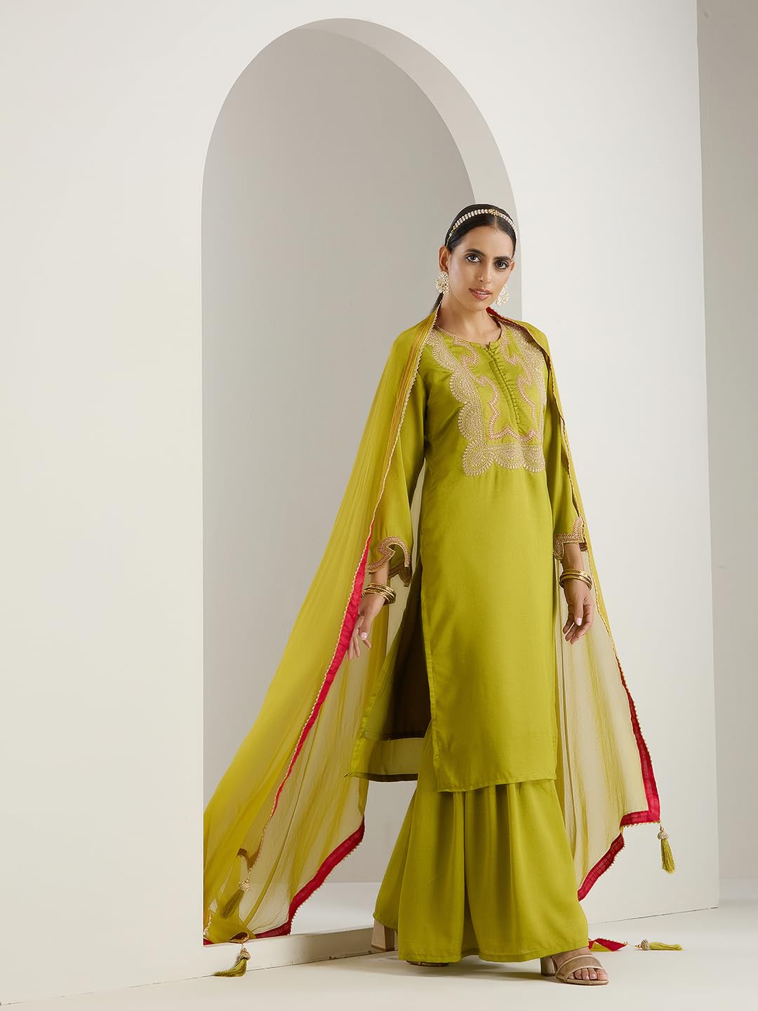 Ishin Gold Zari Detail Embroidered Straight Festive Kurta With Sharara And Dupata