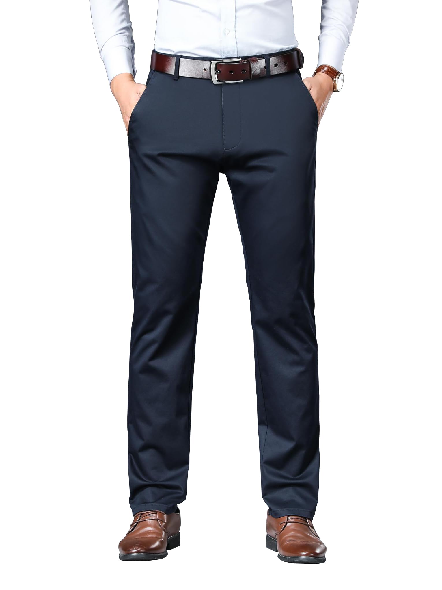 AVANOVA Mens Solid Navy Blue Trousers Light Business Style Slightly Stretch Straight Leg Pants for Outdoor Casual Daily Trouser 