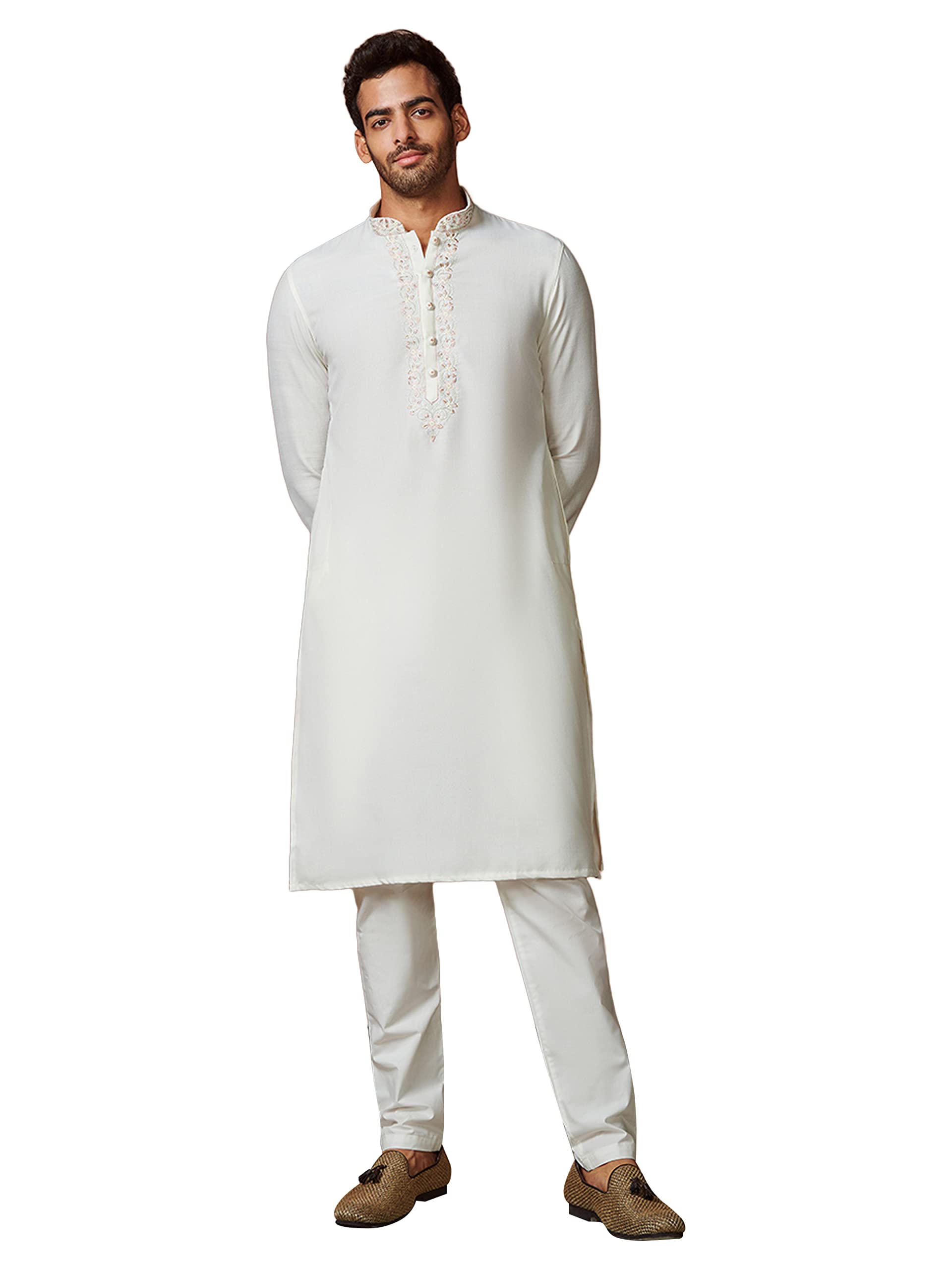 Manyavar Kurta Set for Men, Full Sleeves Mandarin Collar Ethnic Kurta Set For Diwali, Wedding, Party Printed (Off White, XL)
