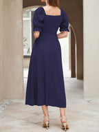 Shasmi GirlS & WomenS Solid Navy Blue A-Line Ruched Puff Sleeve Maxi Long Evening One Piece Long Dress For Women Stylish (Dres