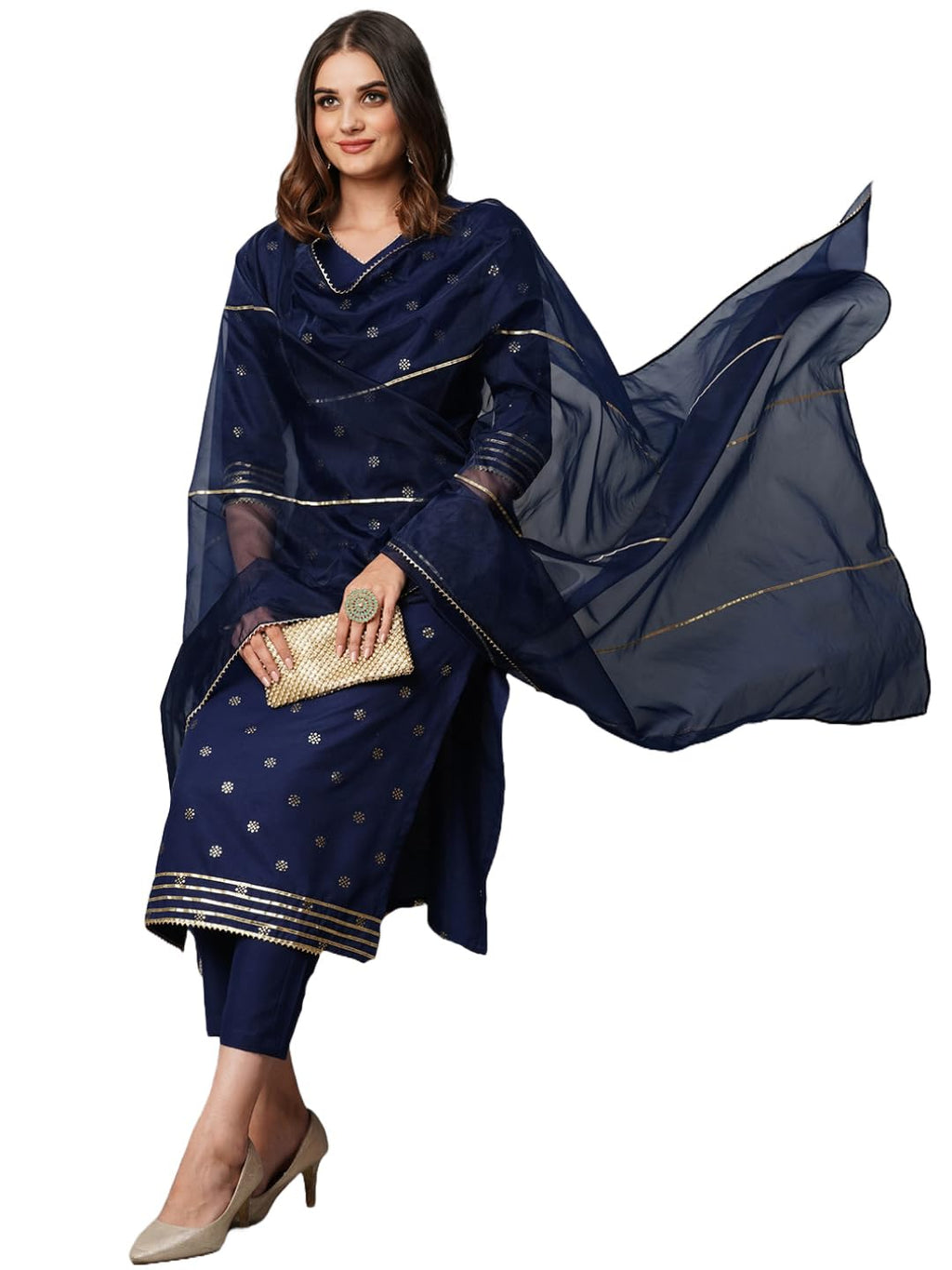 ANNI DESIGNER Womens Cotton Blend Straight Printed Kurta with Pant & Dupatta (Thakor Blue_XXL_Blue_XX-Large)