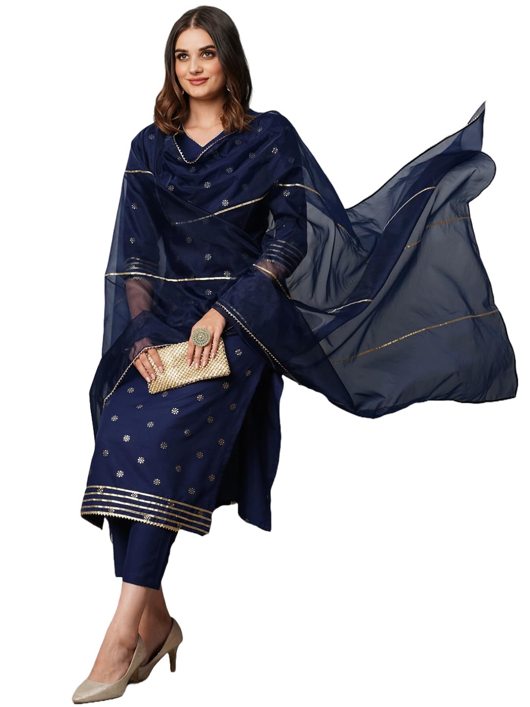ANNI DESIGNER Womens Cotton Blend Straight Printed Kurta with Pant & Dupatta (Thakor Blue_XXL_Blue_XX-Large)