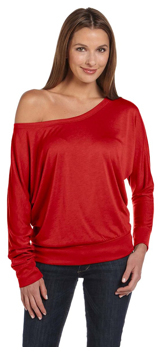 Ladies Flowy Long-Sleeve Off Shoulder T-Shirt - NEON PINK - S(D0102H7WVDP)